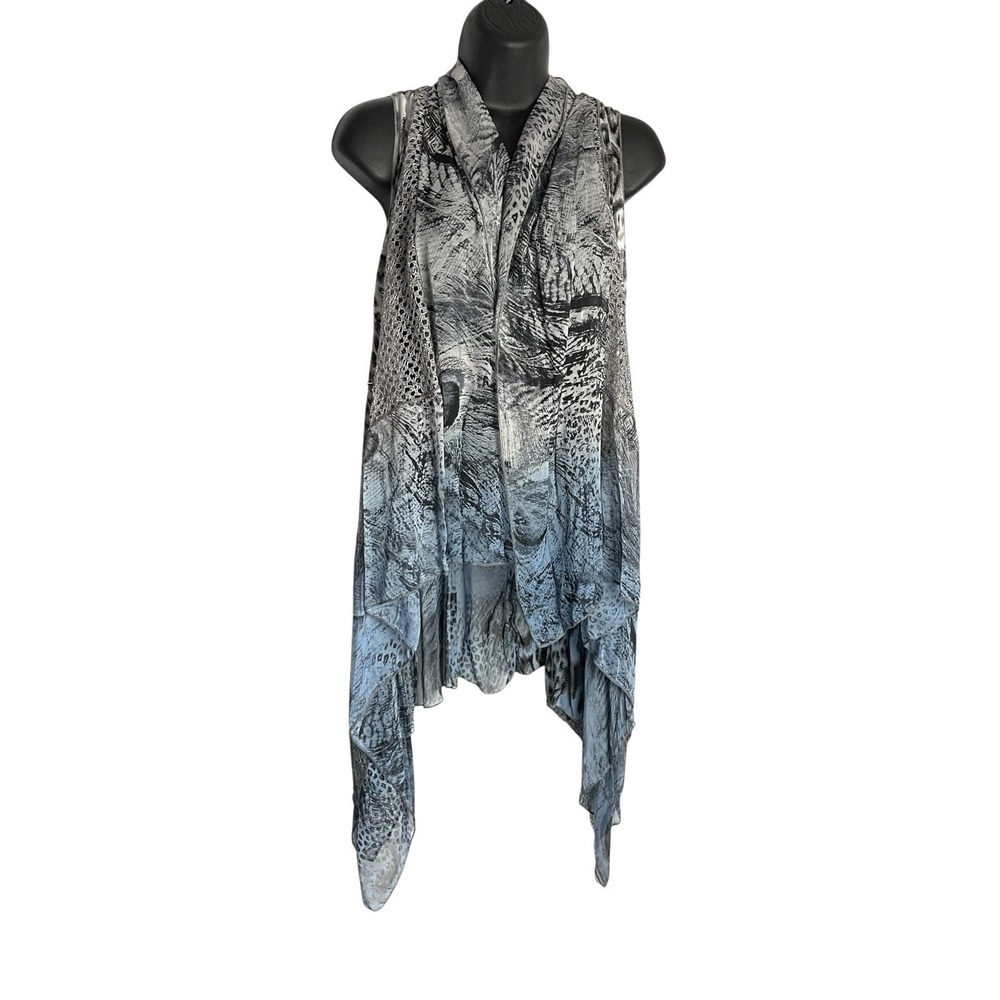 Dor Dor Couture Womens Boho Vest Duster S Blue Patchwork Animal Print Lace Open